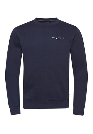 Marineblauw sweatshirt met lange mouwen, ronde halslijn, ribgebreide manchetten en een subtiele textuur. Bevat een wit "Sail Racing" logo op de borst.