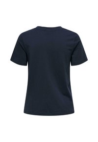 Dunkelblaues Baumwoll-T-Shirt mit Rundhalsausschnitt, kurzen Ärmeln und schlichtem Rücken. Der Stoff wirkt glatt und leicht.