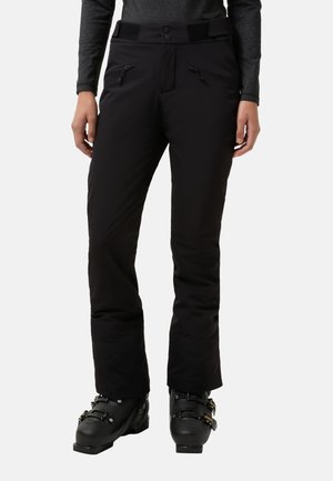 Zwarte skibroek met een slank ontwerp, gemaakt van weerbestendig materiaal, met ritszakken en een aansluitende fit bij de taille.
