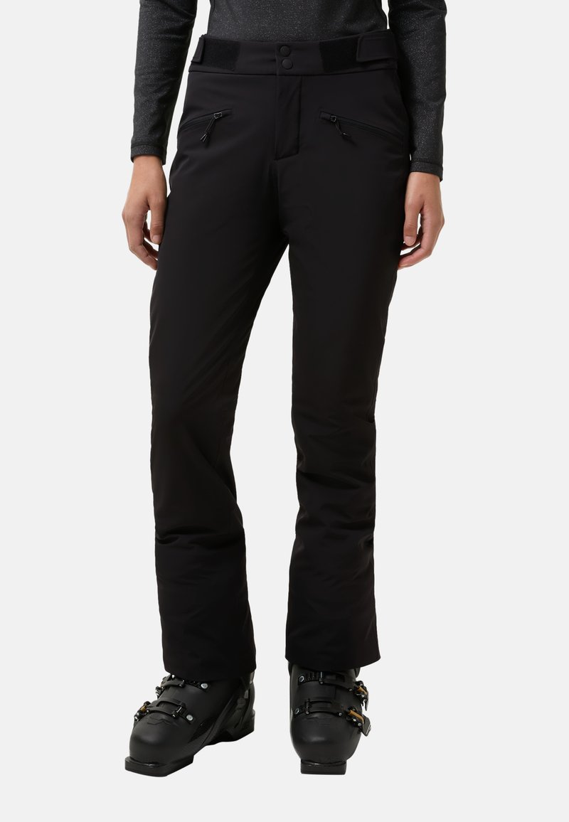 Sorte skibukser med et elegant design, lavet af vejrbestandigt materiale, med lynlåslommer og en tætsiddende pasform i taljen.