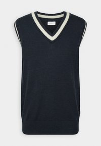 Granatowy bezrękawnik z dekoltem w serek, zdobiony białymi paskami wzdłuż kołnierza i otworów na ramiona, wykonany z miękkiego dzianinowego materiału.