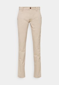 Béžové kalhoty z bavlny s přímým střihem, vybavené zapínáním na knoflík, poutky na opasek a bez viditelných vzorů či akcentů.