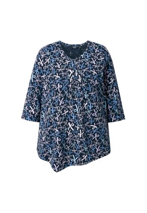 Marine tuniek met een V-hals, voorzien van een bloemenpatroon in roze en lichtblauw. Gemaakt van zachte stof, met mouwen van driekwartlengte.