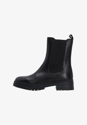 Schwarze Leder-Ankle Boots mit elastischen Seitenpaneelen und einem Zugtab. Haben eine dicke Gummisohle mit einem strukturierten Profil.