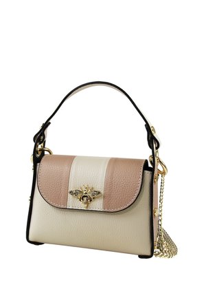 Small leather handbag with beige and light brown panels, gold bee embellishment on flap, short handle, and gold chain strap on white background.