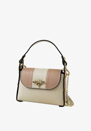 Small leather handbag with beige and light brown panels, gold bee embellishment on flap, short handle, and gold chain strap on white background.
