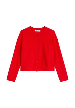 Cardigan corto rosso realizzato in un morbido materiale a maglia, con colletto a coste, maniche lunghe e sette bottoni scuri sulla parte frontale.