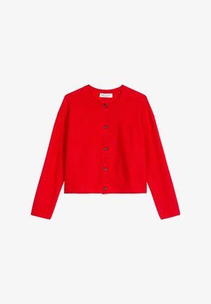 Red cropped cardigan made of a soft knit material, featuring a ribbed collar, long sleeves, and seven dark buttons down the front.