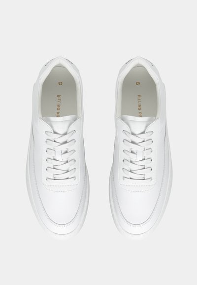 Paar weiße Ledersneaker mit weißen Schnürsenkeln, von oben auf einem einfarbigen hellgrauen Hintergrund gesehen.