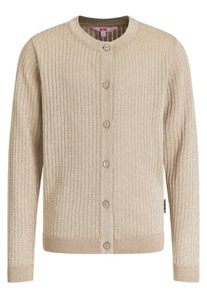 Cárdigan de punto acanalado beige con mangas largas, cuello redondo y seis botones delanteros, con un sutil brillo metálico.