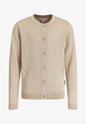 Cárdigan de punto acanalado beige con mangas largas, cuello redondo y seis botones delanteros, con un sutil brillo metálico.