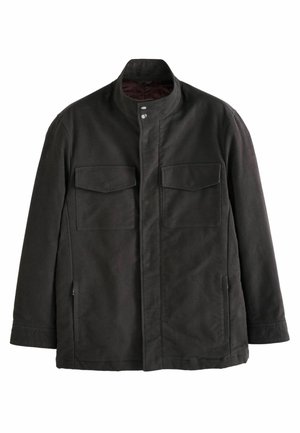 Chaqueta gris oscuro con cuello alto, dos bolsillos frontales y cierres a presión. Fabricada con un tejido suave y con un interior forrado.