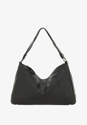 Borsa a tracolla nera in pelle con design curvo, superficie testurizzata e una sola tracolla regolabile. Caratterizzata da una chiusura con zip e una forma morbida e strutturata.