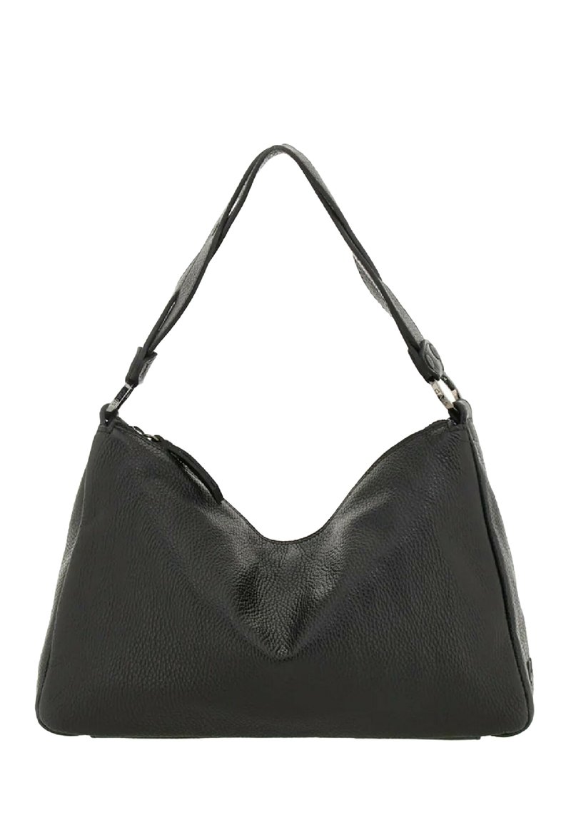 Borsa a tracolla nera in pelle con design curvo, superficie testurizzata e una sola tracolla regolabile. Caratterizzata da una chiusura con zip e una forma morbida e strutturata.