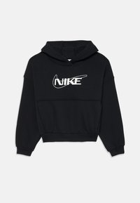 Μαύρη κοντή φούτερ μπλούζα από μαλακό ύφασμα, με λευκό λογότυπο Nike στο στήθος και κουκούλα με κορδόνι. Ριμπά μανίκια και στρίφωμα.