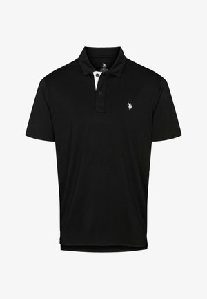 Črna polo majica iz mehke tkanine. Ima ovratnik, trirazpored z gumbi in majhen bel logotip na levi strani prsnega dela.