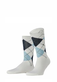 Calcetines blancos con un patrón de argyle en diamantes azul marino oscuro y azul claro, con puntas reforzadas, puño acanalado y costuras en contraste.