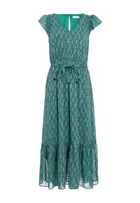 Robe midi à motifs verts avec des manches courtes en volants, un décolleté en V, une taille à nouer et un ourlet festonné. Tissu léger avec un design fluide.