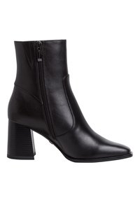 Bottine en cuir noir avec fermeture éclair latérale, bout pointu et talon bloc sur fond blanc.