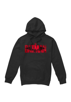 Schwarzer Kapuzenpullover mit rotem "The Batman" Logo und kleinem DC Comics Symbol auf der Brust, Kängurutasche vorne und Kordelzugkapuze.