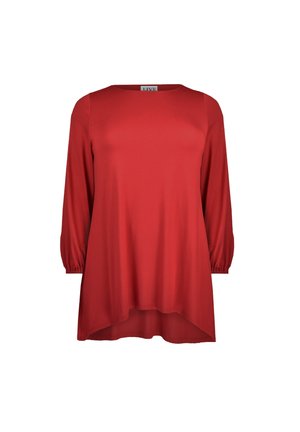 Czerwona tunika z długim rękawem, z dekoltem w łódkę i nieco dłuższym tyłem, z elastycznymi mankietami i luźnym, zwiewnym krojem.
