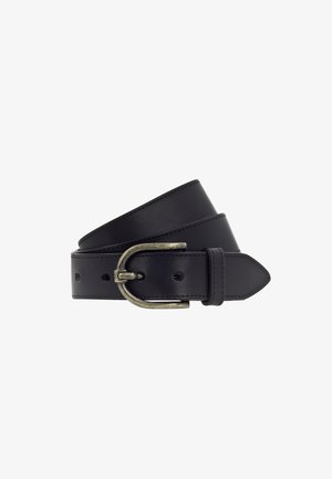 Black leather belt rolled up with visible antique brass buckle and stitched edges on white background.