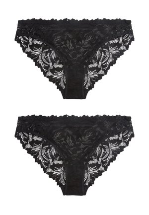 Zwei identische schwarze Spitzen-Bikini-Damenunterhosen mit Blumenmuster auf weißem Hintergrund.