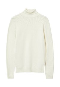 Off-white gestrickter Rollkragenpullover mit langen Ärmeln und gerippten Bündchen und Saum, der ein strukturiertes Muster am Körper und an den Ärmeln aufweist.