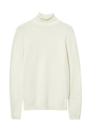 Off-white knitted turtleneck sweater with long sleeves and ribbed cuffs and hem, featuring a textured pattern on the body and sleeves.