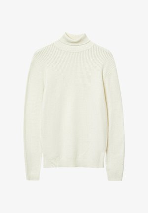 Off-white gestrickter Rollkragenpullover mit langen Ärmeln und gerippten Bündchen und Saum, der ein strukturiertes Muster am Körper und an den Ärmeln aufweist.
