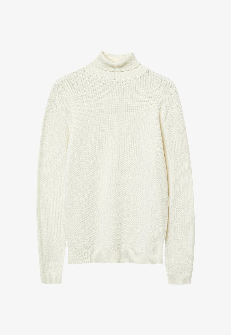 Off-white gestrickter Rollkragenpullover mit langen Ärmeln und gerippten Bündchen und Saum, der ein strukturiertes Muster am Körper und an den Ärmeln aufweist.