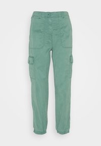 Zielone spodnie cargo o luźnym kroju, z bocznymi kieszeniami, zapięciem na guzik i elastycznymi mankietami. Wykonane z miękkiego, trwałego materiału.