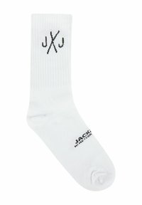 Weißer Crew-Socke mit schwarzen, gekreuzten J-Buchstaben nahe dem Bündchen und schwarzem "JACK WINTER" Text nahe der Zehe.