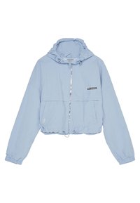 Light blue cropped jacket with a drawstring hood, zip closure, elastic cuffs, and a black logo patch on the front. Smooth fabric texture.