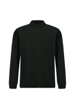 Suéter negro de cuello alto hecho de tejido de punto, con mangas largas, un cuello alto y un diseño ajustado en los puños y el dobladillo.