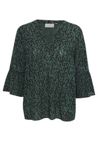 Blouse ample verte avec un col en V, ornée d'un motif abstrait noir et de manches évasées. En tissu léger et fluide.