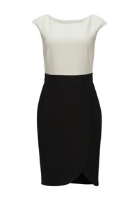 Robe noire et blanche avec un corsage ajusté et une jupe légèrement évasée ; possède des manches courtes et une fermeture éclair cachée dans le dos.