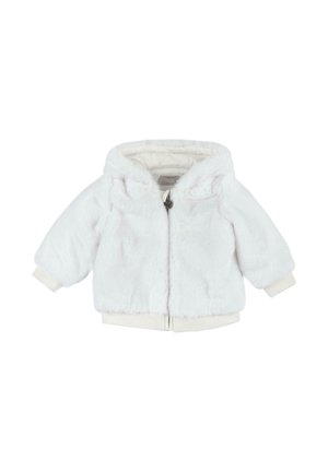 Veste bébé blanche à capuche en tissu duveteux, avec fermeture éclair devant et poignets et ourlet côtelés, conçue pour la chaleur et le confort.