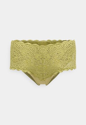 Lace hipster underwear in olive green. Features intricate lace trim with scalloped edges. Soft texture, brief cut with a solid lower section.
