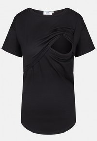 Black T-shirt with short sleeves, featuring a twisted design and a cut-out section on the front for added detail. Made from soft fabric.