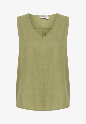 Olijfgroen mouwloze top met een V-hals, gemaakt van lichte, textuurstof. Heeft een ontspannen pasvorm en subtiele centrale plooidetails.