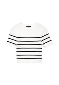 Top corto bianco a maniche corte con righe nere orizzontali. Tessuto lavorato a maglia, scollatura tonda, design cropped. Etichetta con scritto "GALLIOPE."