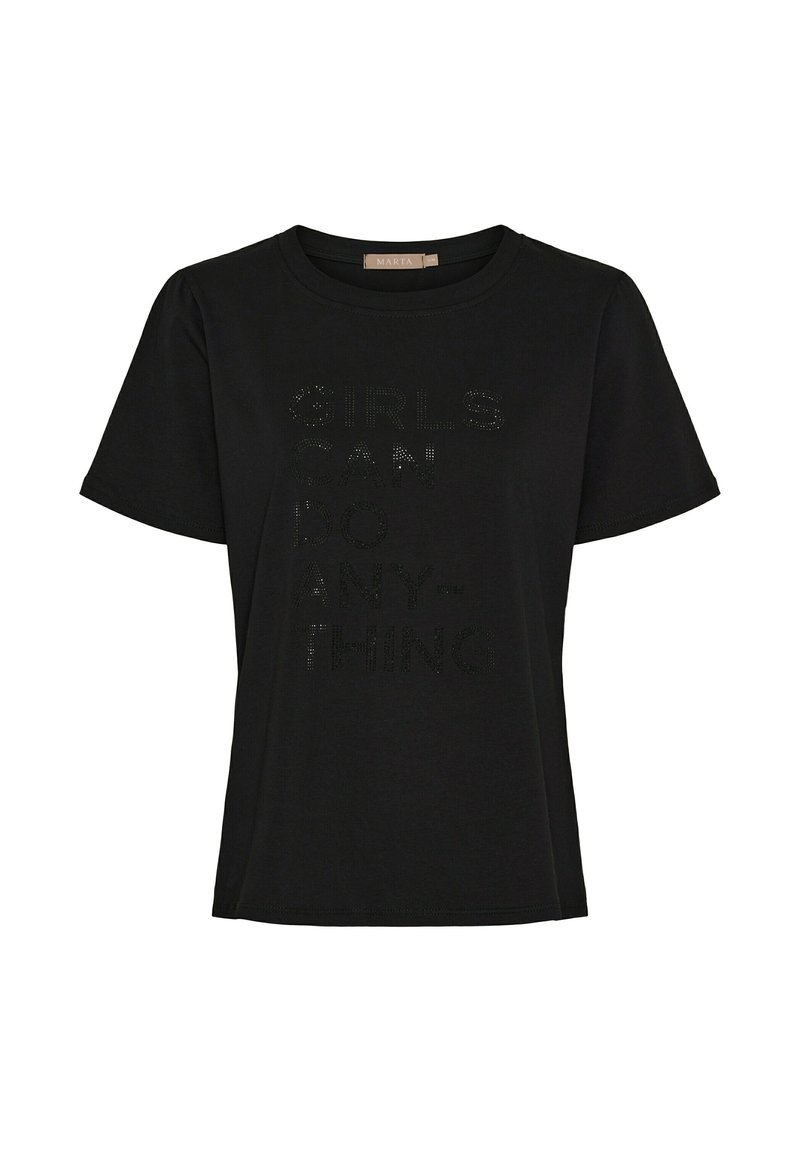 Sort T-shirt med korte ærmer i bomuld med teksten "GIRLS CAN DO ANY-THING" i et glitrende rhinsten-design.