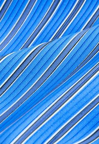 Blauwe stof met diagonale strepen in verschillende tinten blauw, wit en zwart, licht gevouwen om textuur en patroon te laten zien.