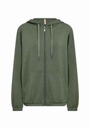 Grüne Zip-Hoodie aus weichem Stoff, mit Kapuze, zwei vorderen Taschen und elastischen Bündchen und Saum. Einfaches Design ohne Muster.