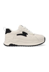 Cremefarbene Sneaker mit schwarzem Akzent, glattes Obermaterial aus synthetischem Material, strukturierte Sohle, runde Zehenform und Schnürdesign. Verfügt über ein Logodesign.