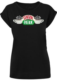Schwarzes Baumwoll-T-Shirt mit einem zentralen weißen und grünen "Central Perk"-Logo und dampfenden Kaffeetassen. Kurze umgeschlagene Ärmel und lockere Passform.