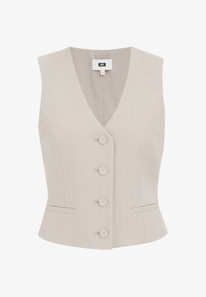 Bež täiskasvanute särk, millel on triibuline muster, V-kaelus, viis ümarat nuppu, kaks küljetaskut ja struktureeritud lõige.