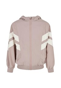 Lyserød zip-up jakke med hætte, der har hvide diagonale striber på ærmerne og elastiske manchetter og kant. Glat, let skinnende stof.