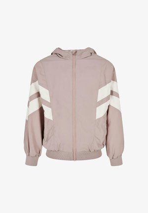 Lyserød lynlåsjakke med hætte, med hvide diagonale striber på ærmerne og elastiske manchetter samt forneden. Glat, let skinnende stof.